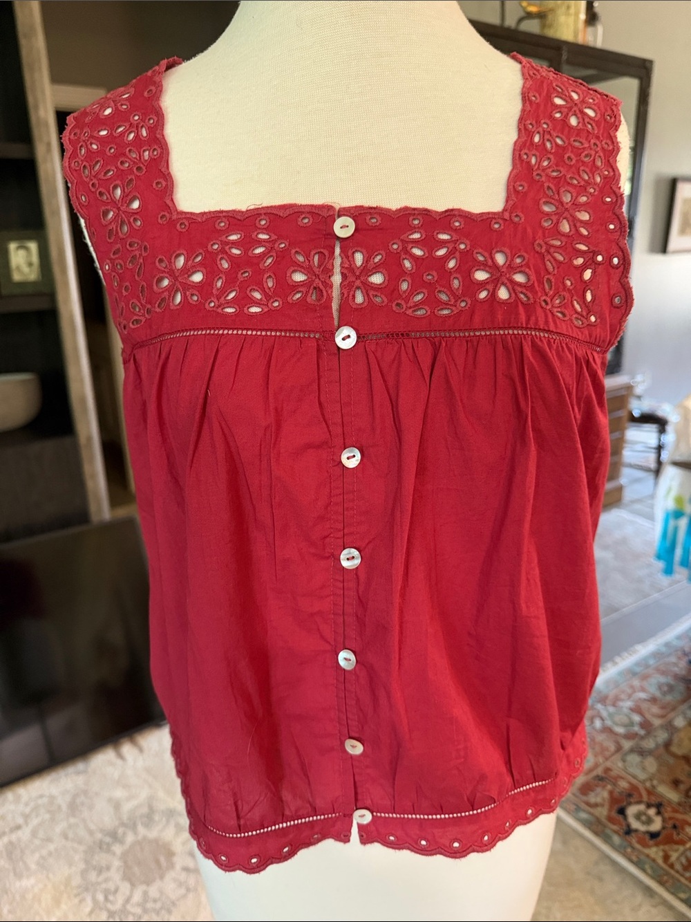 Rails Red Eyelet Button-Front Cotton Tank